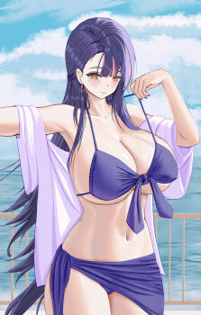 1girl absurdres anchor_earrings armpits azur_lane bare_shoulders bikini blue_sky breasts cleavage closed_mouth collarbone earrings hands_up highres huge_breasts jewelry light_blush long_hair looking_at_viewer mole mole_under_eye mole_under_mouth multicolored_hair navel orange_eyes orange_hair outdoors purple_bikini purple_hair purple_nails railing sky smile solo stomach streaked_hair swimsuit trafalgar_(azur_lane) water zbfmkc