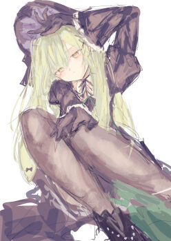 1girl absurdres arknights arm_up bang_dream! bang_dream!_it&#039;s_mygo!!!!! black_bonnet black_dress black_pantyhose bonnet closed_mouth commentary dress green_hair highres latte_bf long_hair looking_at_viewer pantyhose simple_background solo wakaba_mutsumi wakaba_mutsumi_(marionette&#039;s_id) white_background yellow_eyes