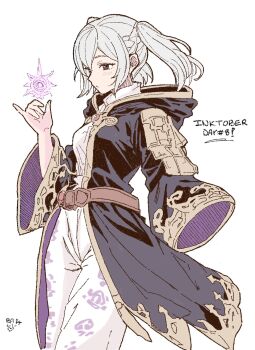 1girl black_robe braid brown_eyes commentary dress english_commentary female_robin_(fire_emblem) fire_emblem fire_emblem_awakening highres inktober long_hair long_sleeves nintendo robe shelovesbali simple_background sleeves_past_fingers sleeves_past_wrists solo standing twintails white_background white_dress white_hair wide_sleeves