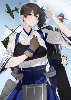 3girls aircraft airplane arrow_(projectile) blue_hakama blush breasts brown_gloves cloud contrail fairy_(kancolle) gloves hair_between_eyes hakama highres ichimonme_(ichi) japanese_clothes kaga_(kancolle) kantai_collection kimono multiple_girls muneate open_mouth parted_lips partially_fingerless_gloves partly_fingerless_gloves quiver ribbon-trimmed_sleeves ribbon_trim rigging side_ponytail single_glove sky solo_focus white_kimono wide_sleeves yugake