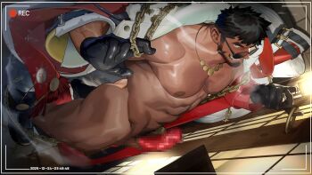 1boy abs another_eidos-r arm_hair armpit_hair armpit_hair_peek ass bara beard black_boots black_gloves black_hair boots chain christmas colored_condom condom condom_on_penis dutch_angle facial_hair gloves grin groin highres large_pectorals looking_to_the_side looking_up male_focus muscular muscular_male nipples nude official_art pectorals penis recording red_ribbon red_scarf ribbon scarf sinbad_(another_eidos) smile snowflake_print solo sunglasses thick_eyebrows thick_thighs thighs v-taper veins veiny_arms