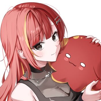 1girl akane_lize black_shirt blush breasts cleavage closed_mouth commentary creature fingernails grey_eyes holding holding_creature large_breasts long_hair looking_at_viewer mole mole_under_eye multicolored_hair parted_bangs pienna_(akane_lize) red_hair red_nails see-through_cleavage see-through_clothes see-through_shirt sharp_fingernails shirt simple_background sleeveless sleeveless_shirt smile solo stellive straight_hair streaked_hair tsuyu_(yzxx7825) upper_body virtual_youtuber white_background