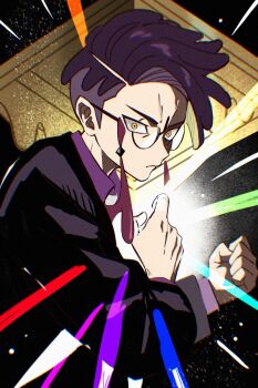 1boy arms_up black_jacket clenched_hand closed_mouth collared_shirt commentary_request corbeau_(pokemon) frown glasses highres jacket kooda layered_sleeves long_sleeves male_focus nintendo parted_hair pokemon pokemon_legends:_z-a purple_hair purple_shirt round_eyewear shirt short_hair solo tassel upper_body wide-eyed yellow_eyes