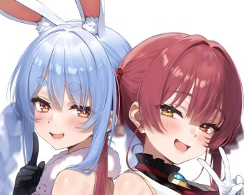 2girls :d animal_ear_fluff animal_ears back-to-back bare_shoulders black_gloves blue_gemstone blue_hair blurry blush braid bright_pupils brooch commentary don-chan_(usada_pekora) fur_scarf gem gloves hair_intakes hand_up heterochromia hololive houshou_marine houshou_marine_(1st_costume) index_finger_raised jewelry long_hair looking_at_viewer looking_to_the_side multiple_girls nyarurato0debu open_mouth orange_eyes rabbit-shaped_pupils rabbit_ears rabbit_girl red_eyes red_hair short_eyebrows sleeveless smile symbol-shaped_pupils thick_eyebrows transparent_background twin_braids twintails usada_pekora usada_pekora_(1st_costume) v variant_set virtual_youtuber white_gloves white_pupils yellow_eyes