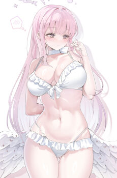 1girl absurdres arm_behind_back bikini blue_archive blush breasts cleavage closed_mouth commentary_request cowboy_shot feathered_wings front-tie_bikini_top front-tie_top halo hand_up highres large_breasts laseri long_hair low_wings mika_(blue_archive) mika_(swimsuit)_(blue_archive) navel pink_hair purple_halo simple_background solo spoken_blush stomach swimsuit twirling_hair white_background white_bikini white_wings wings yellow_eyes