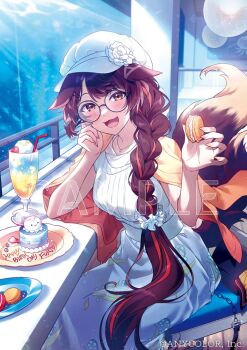 1girl :3 alternate_costume alternate_hairstyle animal_ears black-framed_eyewear blush brown_eyes brown_hair cake chair character_name cherry commentary_request company_name cookie copyright_notice dan_mcmr dress drink drinking_straw flower food fox_ears fox_girl fox_tail fruit fumi_(nijisanji) glasses hair_ornament hair_scrunchie happy hat hat_flower heart holding holding_cookie holding_food ice_cream jacket jacket_on_shoulders jewelry long_hair looking_at_viewer macaron multicolored_hair necklace nijisanji official_art orange_jacket plate print_dress red_hair round_eyewear sample_watermark scrunchie sitting solo streaked_hair tail tongue virtual_youtuber watermark white_dress white_flower white_hat white_scrunchie