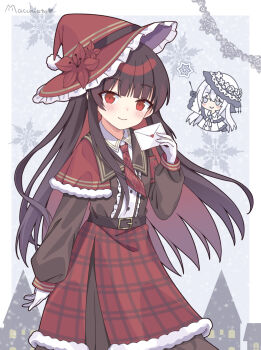 2girls absurdres adapted_costume belt black_hair capelet chibi chibi_inset chinese_commentary closed_mouth commentary_request cowboy_shot envelope flower frilled_hat frills fur-trimmed_capelet fur-trimmed_skirt fur_trim gloves hair_flower hair_ornament hat hat_flower highres holding holding_envelope kk0220 long_hair long_sleeves looking_at_viewer mahou_shoujo_no_majo_saiban multiple_girls necktie nikaido_hiro red_capelet red_eyes red_flower red_hat red_necktie red_skirt santa_costume santa_hat skirt smile snowflakes solo_focus spoilers standing tsukishiro_yuki white_gloves witch_hat