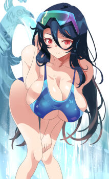1girl azur_lane bird black_hair blue_one-piece_swimsuit breasts cleavage commentary_request competition_swimsuit eyewear_on_head feet_out_of_frame highleg highleg_one-piece_swimsuit ishizu_kayu large_breasts leaning_forward long_hair one-piece_swimsuit red_eyes solo sunglasses swimsuit taihou_(azur_lane)