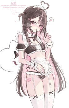 1girl absurdres ahoge apron black_panties blush breasts cleavage colored_inner_hair cowboy_shot crop_top demon_girl demon_tail frilled_apron frilled_panties frills garter_straps hair_ornament hand_up heart heart_ahoge heart_hair_ornament highres long_hair looking_at_viewer maid maid_headdress mole mole_under_eye mouth_hold multicolored_hair one_side_up original panties parted_bangs pink_hair pink_streaks simple_background small_breasts small_sweatdrop solo speech_bubble spoken_heart streaked_hair tail thighhighs two-tone_hair unconventional_maid underwear waist_apron white_apron white_background white_thighhighs yu_o015