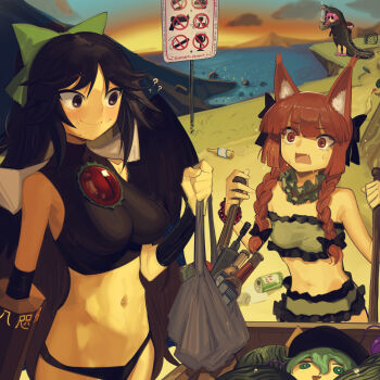 4girls ? ?? adapted_costume alternate_costume animal_ear_fluff animal_ears black_bow boa_(brianoa) bow braid breasts cat_ears chest_jewel closed_mouth commentary_request cosplay crocodile_costume deviljho deviljho_(cosplay) fang hair_bow highres holding kaenbyou_rin komeiji_koishi komeiji_satori large_breasts long_hair looking_at_another low_twin_braids midriff monster_hunter_(series) multiple_girls navel open_mouth outdoors red_eyes red_hair reiuji_utsuho small_breasts smile smoking touhou trash trash_bag twin_braids