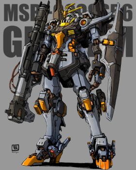 absurdres arm_shield artist_logo bazooka_(gundam) black_border border character_name commentary_request full_body green_eyes grey_background gundam highres holding holding_weapon logo mecha mecha_focus mobile_suit moyan no_humans original robot science_fiction shadow solo standing text_background twitter_username v-fin weapon