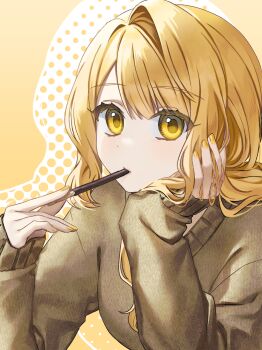 1girl blonde_hair brown_sweater commentary_request eating food food_in_mouth hair_between_eyes hair_over_shoulder halftone halftone_background hand_on_own_cheek hand_on_own_face hands_up highres holding holding_food holding_pocky i.no long_hair long_sleeves looking_at_viewer nail_polish original pocky pocky_in_mouth puffy_long_sleeves puffy_sleeves ribbed_sweater simple_background single_hair_intake sleeves_past_wrists solo sweater swept_bangs upper_body yellow_background yellow_eyes yellow_nails yellow_theme