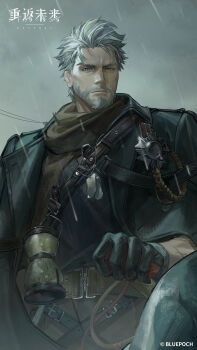 1boy absurdres badge belt black_coat black_gloves black_shirt blue_eyes brown_neckerchief closed_mouth coat coat_on_shoulders copyright_name copyright_notice dog_tags gloves grey_sky highres igor_(reverse:1999) jar logo looking_at_viewer male_focus neckerchief official_art official_wallpaper old old_man rain reverse:1999 sam_browne_belt scar scar_across_eyebrow scar_on_arm scar_on_face shirt short_hair sky solo upper_body white_beard white_hair