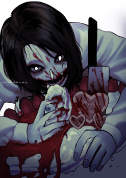 Rule 34 | 1boy, :d, absurdres, bags under eyes, black hair, black mouth, blood, blood from mouth, blood on face, bloody knife, cake, candy, chocolate, chocolate heart, colored skin, commentary request, creepypasta, eating, english text, eyeball, fingernails, food, food on face, from above, fruit, glasgow smile, glowing, glowing eyes, happy birthday, heart, heart-shaped food, highres, hood, hoodie, horror (theme), jeff the killer, kitchen knife, knife, leaning forward, long sleeves, looking at viewer, lower teeth only, male focus, no nose, open mouth, puffy long sleeves, puffy sleeves, short hair, simple background, smile, solo, strawberry, strawberry cake, teeth, unimagurooo, upper body, white background, white eyes, white hoodie, white skin