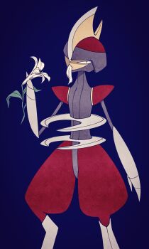 1other arm_blade arm_up bisharp blue_background eating_flower facing_to_the_side flower gen_5_pokemon grey_helmet grey_trim helmet high_contrast highres holding holding_flower looking_at_viewer nintendo pokemon pokemon_(creature) pokemon_focus red_helmet red_trim shoulder_pads solo two-tone_helmet umi-be-to vignetting weapon white_flower white_petals