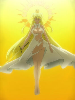 1girl absurdres ahoge anime_screenshot bare_shoulders blonde_hair breasts center_opening cleavage closed_eyes crown dress elf feet full_body highres holding holding_sword holding_weapon large_breasts long_hair m maou_2099 meldia_(maou_2099) navel pointy_ears stitched stomach sword thighs third-party_edit two_side_up weapon white_dress yamada-reynard_hizuki