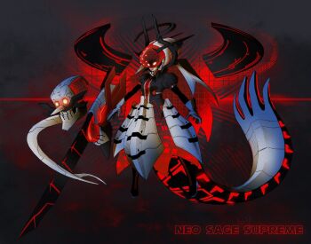 1girl aged_up alternate_form commentary cyberspace egyrm english_commentary full_body glitch gloves gun helmet highres holding holding_gun holding_weapon multicolored_hair red_eyes red_hair rifle sage_(sonic) sniper_rifle sonic_(series) sonic_frontiers tail weapon white_gloves white_hair