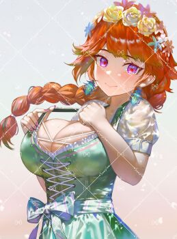 1girl absurdres braid braided_ponytail breasts cleavage dress floating_hair flower flower_wreath green_dress hair_flower hair_ornament head_wreath highres hololive hololive_english large_breasts long_hair looking_at_viewer maro2ki3 orange_hair puffy_sleeves purple_eyes rose short_sleeves solo takanashi_kiara takanashi_kiara_(dirndl) upper_body very_long_hair virtual_youtuber yellow_flower yellow_rose