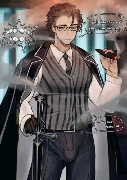 1boy beard_stubble black_gloves black_jacket black_necktie brown_hair bulge cigar collared_shirt cowboy_shot emoji english_text exhausted facial_hair glasses gloves gregor_(project_moon) hair_slicked_back half-closed_eyes highres holding holding_cigar holding_sword holding_weapon jacket jacket_on_shoulders limbus_company looking_at_viewer male_focus necktie night_awls_(identity)_(project_moon) official_alternate_costume planted planted_sword planted_weapon project_moon scar scar_on_face shirt single_glove smoke smoke_trail solo speech_bubble striped_clothes striped_vest stubble sword tomoart985 vest weapon white_shirt yellow_eyes