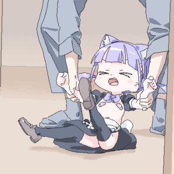 >_< 1girl 1other animal_ear_hairband animal_ears arm_grab bandaid bandaids_on_nipples black_skirt black_sleeves black_thighhighs blunt_bangs blush_stickers bow bowtie cat_ear_hairband cat_ears clenched_hands commentary_request fake_animal_ears flat_chest grey_footwear grey_pants grey_shirt grey_socks hair_ribbon hairband head_out_of_frame indoors legs_up loafers lokulo-chan_(lokulo_no_mawashimono) lokulo_no_mawashimono loli long_hair long_sleeves low_twintails lowres no_panties on_floor open_mouth original pants parody_request pasties puffy_short_sleeves puffy_sleeves pulling purple_bow purple_bowtie purple_nails red_ribbon ribbon shirt shoes short_sleeves shrug_(clothing) skirt slippers socks struggling tantrum thighhighs topless_female twintails upskirt