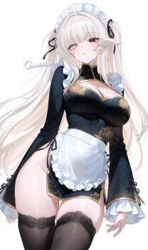 1girl absurdres apron au_ra black_dress black_eyes breasts brown_thighhighs china_dress chinese_clothes cleavage cleavage_cutout clothing_cutout commission cowboy_shot dragon_horns dress final_fantasy final_fantasy_xiv frilled_apron frilled_sleeves frills gold_trim heterochromia highres horns large_breasts long_hair long_sleeves looking_at_viewer maid maid_apron maid_headdress mumu_muw no_panties original parted_lips pelvic_curtain qi_maid side-tie_dress simple_background skindentation solo thighhighs thighs two_side_up unconventional_maid very_long_hair warrior_of_light_(ff14) white_background white_eyes white_hair