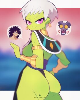 1boy 1girl alternate_costume ancient_egyptian_clothes animal_ears ass beerus blood breasts broly_(dragon_ball_super) cat_ears cheelai colored_skin dragon_ball dragon_ball_super dragon_ball_super_broly earrings flipherrrr green_skin highres jewelry medium_breasts nosebleed open_mouth purple_eyes purple_skin short_hair standing white_hair