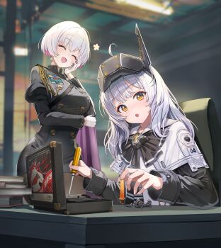 2girls absurdres ahoge aiguillette arms_up black_bow black_bowtie black_dress black_pantyhose black_shirt blurry blurry_background blush book book_stack bow bowtie breasts buttons cape capelet chair chest_strap closed_eyes colored_inner_hair commentary_request cowboy_shot double-breasted dress earrings epaulettes gloves goddess_of_victory:_nikke hand_on_own_cheek hand_on_own_face head-mounted_display highres holding holding_screwdriver jewelry korean_commentary liliweiss_(nikke) long_hair long_sleeves looking_at_another looking_at_viewer medium_breasts misyune multicolored_hair multiple_girls open_mouth pantyhose pencil_dress pink_hair puffy_long_sleeves puffy_sleeves purple_cape screw screwdriver shirt short_hair sitting smile snow_white_(innocent_days)_(nikke) snow_white_(nikke) standing toolbox two-tone_hair upper_body visor_(armor) visor_lift white_capelet white_gloves white_hair yellow_eyes