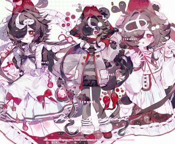 1girl absurdres animal_ears blush brown_hair brown_pantyhose closed_mouth commission dot_mouth hair_intakes hair_ornament highres jacket leg_warmers long_hair long_sleeves looking_at_viewer mihuashi_commission mole mole_under_eye multicolored_hair multiple_views one_eye_covered original pantyhose red_eyes red_scarf red_shoes scarf shoes sleep_mask sleeves_past_fingers sleeves_past_wrists streaked_hair striped_clothes twuos watermark