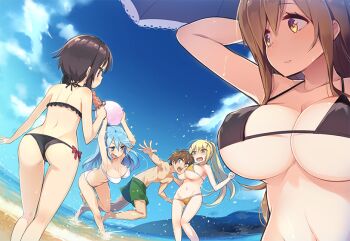 10s 1boy 4girls :d aqua_(konosuba) arm_at_side armpits arms_up ass back ball bare_arms bare_legs bare_shoulders barefoot beach beach_umbrella beachball between_breasts bikini bikini_pull black_bikini black_hair blonde_hair blue_eyes blue_hair blue_sky blush bow breasts brown_eyes brown_hair cheek_press cleavage clenched_hand clothes_lift clothes_pull cloud collarbone confused covered_erect_nipples darkness_(konosuba) day dutch_angle embarrassed eyelashes food frilled_bikini frills gluteal_fold green_eyes green_male_swimwear green_swim_trunks groin hair_between_eyes hair_bobbles hair_ornament hairclip half_updo halterneck hanging_breasts head_between_breasts holding holding_ball holding_food kono_subarashii_sekai_ni_shukufuku_wo! lace_trim large_breasts leg_up long_hair looking_at_another looking_back male_swimwear medium_breasts megumin mountain multiple_girls navel ocean open_hand open_mouth outdoors outstretched_arm palms parted_lips pectorals ponytail profile pulling_another's_clothes red_bow red_eyes satou_kazuma shade shirt_lift short_hair short_hair_with_long_locks sideboob sidelocks sky smile spread_fingers squid standing stomach strap_gap strapless strapless_bikini string_bikini summer surprised swim_trunks swimsuit tam-u thigh_gap umbrella underboob very_long_hair w_arms wading water wedgie wet white_bikini wiz_(konosuba) x_hair_ornament
