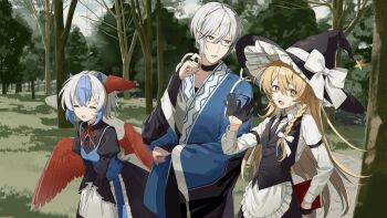 Rule 34 | 1boy, 2girls, apron, bird wings, black choker, black gloves, black necktie, black skirt, blonde hair, blue hair, bow, braid, chinese commentary, choker, closed eyes, collared shirt, commentary request, feathered wings, forest, glasses, gloves, grey hair, hair bow, hat, hat bow, head wings, highres, horns, kirisame marisa, long sleeves, morichika rinnosuke, multicolored hair, multiple girls, nature, necktie, open mouth, outdoors, rcs 4, red wings, shirt, short hair, side braid, single braid, single head wing, skirt, smile, tokiko (touhou), touhou, tree, two-tone hair, waist apron, white apron, white bow, white shirt, wide sleeves, wings, witch hat, yellow eyes