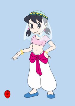 1girl absurdres black_eyes black_hair blue_background blue_hat blue_shoes bracelet breasts collarbone dancer doraemon doraemon:_nobita_no_dorabian_night earrings eroesikikuzo hand_on_own_hip harem_outfit harem_pants hat highres jewelry loli looking_at_viewer low_twintails midriff minamoto_shizuka navel necklace pants pearl_necklace pink_shirt shirt shoes short_hair short_sleeves small_breasts smile standing twintails veil white_pants