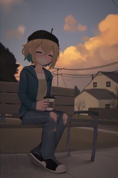 1girl =_= alternate_costume amano_pikamee artist_name bench beret black_hat black_shoes blue_jacket blue_sky clenched_teeth cloud commentary contemporary crossed_ankles cup disposable_cup dusk english_commentary full_body green_nails hat highres holding holding_cup house jacket long_sleeves open_clothes open_jacket outdoors pants power_lines road sharp_teeth shoes sitting sky sleeves_past_wrists smile sneakers solo teeth torn_clothes torn_pants tree virtual_youtuber voms watermark yoako