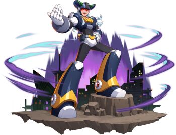 1boy android armor armored_boots black_bodysuit blue_hair bodysuit boots come_at_me_bro dynamo_(mega_man) full_body hand_on_own_hip hand_up helmet highres joints long_hair looking_at_viewer mega_man_(series) mega_man_x5 mega_man_x_(series) mega_man_x_dive mizuno_keisuke official_art open_mouth robot robot_joints simple_background smile solo standing transparent_background visor