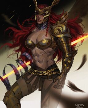 1girl abs absurdres angela_(marvel) arm_armor armor braid breasts cleavage commentary cross_scar english_commentary eyeshadow facepaint facial_mark glowing glowing_eyes glowing_weapon gold_armor gold_bra gradient_background highres holding holding_polearm holding_weapon large_breasts leg_armor long_hair makeup marvel marvel_rivals metal_bra midriff muscular muscular_female navel pauldrons polearm red_eyeshadow red_hair red_lips scar scar_on_stomach shoulder_armor single_leg_armor single_pauldron single_wing solo spear thor_(marvel)_(series) weapon winged_headwear wings yellow_eyes yen_(yenyenyen19)