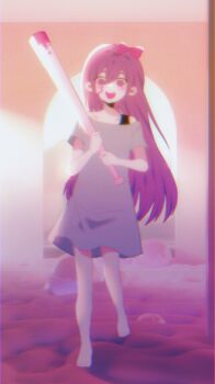 Rule 34 | 1girl, aubrey (headspace) (omori), aubrey (omori), barefoot, baseball bat, blood, blood on face, bloody weapon, blue shirt, blush, bow, bra strap, collarbone, colored skin, double-parted bangs, full body, hair between eyes, hair bow, highres, holding, holding baseball bat, long hair, long shirt, looking at viewer, my loleeta, omori, open mouth, pink bow, purple eyes, purple hair, shirt, short sleeves, smile, solo, t-shirt, teeth, upper teeth only, weapon, white skin