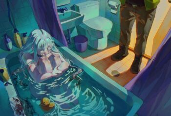 1boy 1girl artist_self-insert bathroom boots boyfriend_to_death bruise clothed_male_nude_female commentary curled_up curtains english_commentary from_above half-closed_eye hand_on_own_arm hugging_own_legs in_bathtub indoors injury looking_at_another mirror nude one_eye_closed open_door pants partially_submerged peeking ripples rubber_duck shadow sink sitting soap_bottle soureeeee standing stitches strade_(boyfriend_to_death) tile_floor tile_wall tiles toilet toilet_paper trash_can