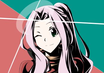 Rule 34 | 1girl, bodysuit, commentary request, darry adai, flat color, glint, green eyes, hair intakes, hatohane (tonnkotubird), long bangs, long hair, looking at viewer, mecha pilot suit, one eye closed, pink hair, ponytail, red bodysuit, smile, solo, tengen toppa gurren lagann, ttgl eyecatch, two-tone background