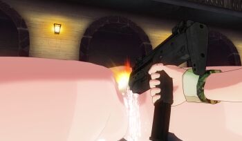 2girls 3d ahegao defeated_villainess exhibitionism firing groin_attack gun holding holding_gun holding_weapon imminent_death multiple_girls object_insertion original public_indecency ryona shot submachine_gun vaginal vaginal_object_insertion weapon