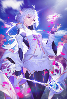 1girl absurdres ahoge black_gloves black_pants breasts fate/grand_order fate/prototype fate_(series) fingerless_gloves gloves highres holding holding_staff huge_filesize lemonpear long_hair long_sleeves looking_at_viewer medium_breasts merlin_(fate/prototype) merlin_(second_ascension)_(fate/prototype) pants purple_eyes revision robe smile staff thighs very_long_hair white_hair white_robe wide_sleeves