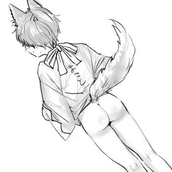 1boy animal_ears ass bottomless from_behind highres japanese_clothes kimono male_focus monochrome original short_hair sibelius solo tail white_background