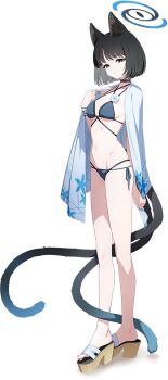 1girl absurdres animal_ear_fluff animal_ears bakeneko bikini black_eyes black_hair black_tail blue_archive blue_bikini blue_halo blue_tail breasts cat_ears cat_girl cat_tail colored_inner_animal_ears full_body gradient_tail gulim halo highres kikyou_(blue_archive) kikyou_(swimsuit)_(blue_archive) layered_bikini medium_breasts multiple_tails navel official_alternate_costume official_art short_hair solo stomach swimsuit tachi-e tail thighs two_tails