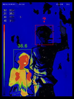 2boys ? albert_brudzewski_(chi.) belt black_border blue_background border chi.:_chikyuu_no_undou_ni_tsuite clenched_hands commentary faceless highres multiple_boys numbers_above_head outside_border pointing pointing_up rafal_(chi.) shaded_face smile star_(sky) symbol-only_commentary thermogram wa_san82