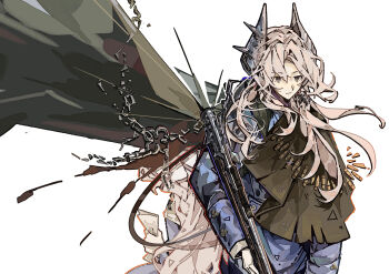 Rule 34 | 1girl, 30000000000, :|, absurdres, ammunition, black cape, blue jacket, broken, broken chain, cape, chain, closed mouth, commentary request, grey eyes, grey hair, gun, hair ornament, highres, holding, holding gun, holding weapon, jacket, long hair, military uniform, reverse:1999, rifle, rifle cartridge, sentinel (reverse:1999), solo, upper body, weapon, white background