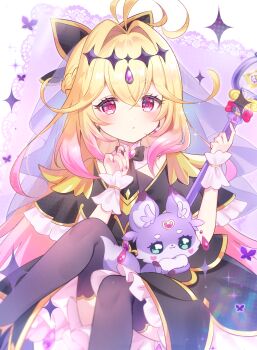 Rule 34 | 1girl, absurdres, ahoge, black dress, black thighhighs, blonde hair, braid, bug, butterfly, character request, commentary request, cure arcana shadow, dress, earrings, gradient hair, highres, holding, insect, jewelry, long hair, looking at viewer, meitantei precure!, moria luluka, multicolored hair, pink eyes, pink hair, precure, sitting, solo, thighhighs, umishima rinta, veil, wand, wrist cuffs