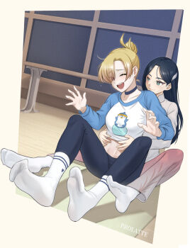 2girls black_hair blonde_hair blue_leggings blue_shirt blush breasts closed_mouth full_body ghhoward green_eyes hair_over_one_eye knees_up laughing leggings long_hair looking_at_another medium_breasts multiple_girls one_eye_closed open_mouth original pants pink_eyes pink_pants shirt short_hair sitting smile socks soles stomach sweater teeth tickling two-tone_shirt upper_teeth_only white_shirt white_socks white_sweater