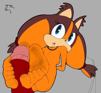 1girl :o back bare_back bare_legs barefoot bed blue_eyes breasts brown_fur brown_hair collar colored_skin completely_nude dark_skin dirty dirty_feet dirty_soles disembodied_penis dummycervine erection eyelashes feet foot_play footjob furry hair_tie hetero highres knuckles_the_echidna legs loli long_eyelashes looking_at_another looking_at_viewer looking_back looking_back lying nipples nude on_bed on_stomach orange_fur orange_hair orange_skin penis sega sideboob simple_background small_breasts smelly_feet soles solo_focus sonic_(series) sonic_boom_(series) sticks_the_badger third-party_edit toe_scrunch toes twintails