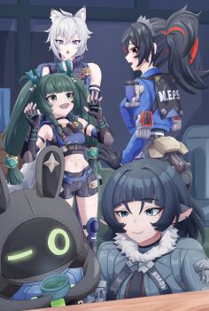 1boy 3girls android animal_ears ass bangboo_(zenless_zone_zero) bare_shoulders black_choker black_gloves black_hair black_shorts blue_jacket blue_vest blunt_bangs braid breasts cat_boy cat_ears cat_tail choker closed_mouth commentary_request cup elbow_gloves fingerless_gloves fur-trimmed_jacket fur_trim gloves green_eyes green_hair green_jacket hair_between_eyes hair_ornament hairband handlebar hands_up high-waist_pants highres holding holding_cup holster holstered indoors jacket jane_doe_(zenless_zone_zero) knee_pads long_hair looking_at_another medium_breasts metal_hairband midriff mouse_ears mouse_girl multicolored_hair multiple_girls navel open_mouth pants police police_badge police_uniform policeman policewoman ponytail profile purple_eyes qingyi_(zenless_zone_zero) red_eyes red_hair robot_girl securityboo_(zenless_zone_zero) seth_lowell short_hair shorts shoulder_holster side_braids sidelocks small_breasts smile sphere_hair_ornament standing streaked_hair sugunejineji tail tea thick_eyebrows tight_clothes tight_pants triangle_mouth twintails two-tone_hair vest white_hair zenless_zone_zero zhu_yuan