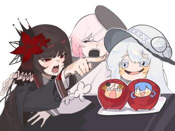 5girls :d angry apple_costume black_hair blonde_hair blue_hair closed_eyes flower hair_flower hair_ornament hat hat_flower long_hair long_sleeves mahou_shoujo_no_majo_saiban meme mini_person minigirl multiple_girls nikaido_hiro o_o open_mouth pointing pointing_at_another red_eyes red_flower sakuraba_ema short_hair smile spoilers tachibana_sherry tears tono_hanna tsukishiro_yuki upper_body v.a._(vanilla) white_background white_flower white_hair white_hat woman_yelling_at_cat_(meme)