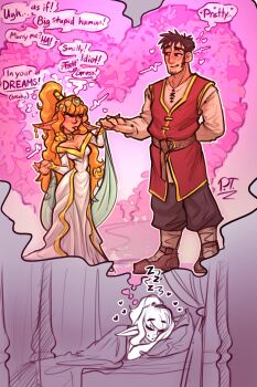 1boy 1girl absurdres bed blush borrowed_character breasts bridal_gauntlets canopy_bed circlet cleavage dreaming dress elf elf_(merrivius) elf_comic falling_petals frown heart highres interspecies jewelry jpt_arts long_hair orange_hair ornate_ring petals pink_petals pointy_ears ponytail racism ring sleeping tongue tongue_out tsundere tunic very_long_ears very_long_hair wedding_dress wedding_ring zzz