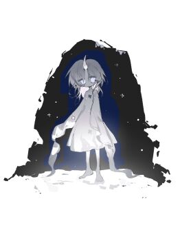 1girl absurdres barefoot blue_eyes chinese_commentary colored_skin commentary_request commission dress full_body highres horns long_hair long_sleeves no_mouth no_nose original single_horn solo vihua6 white_dress white_hair white_horns white_skin